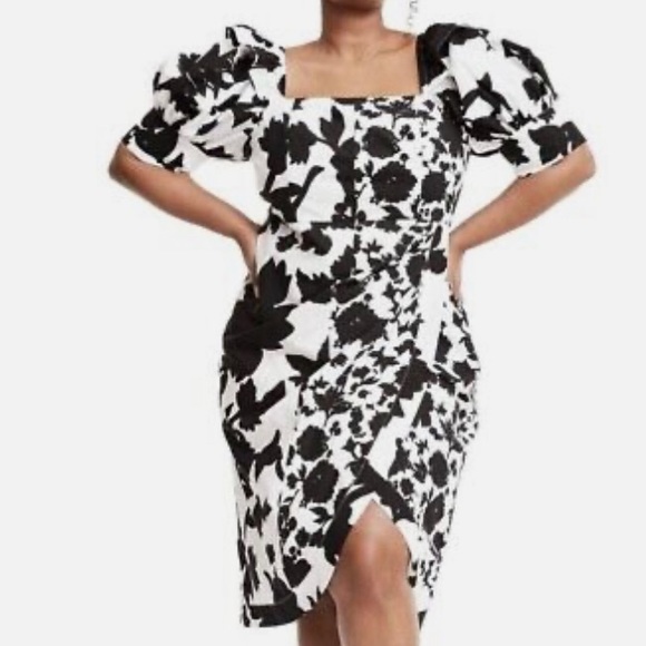 Target Dresses & Skirts - Black and White Floral Bold Puff Sleeve Tulip Skirt Dress Size 14